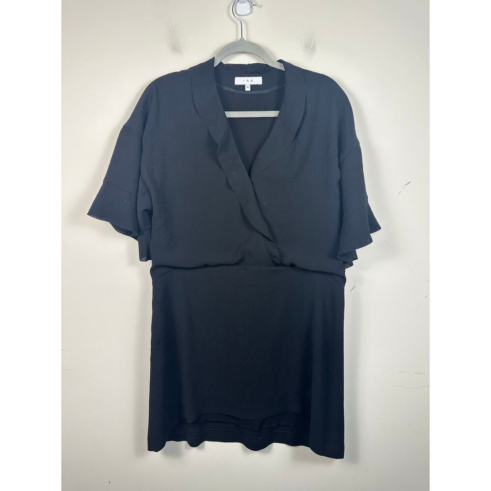 IRO V Neck Ruffle Trim Mini Dress Women 36 Black Excellent LBD Short Sleeve